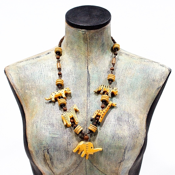 VTG 80's Safari Wood Animal Necklace - Picture 2 of 4